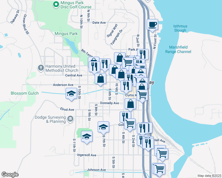 map of restaurants, bars, coffee shops, grocery stores, and more near in Coos Bay