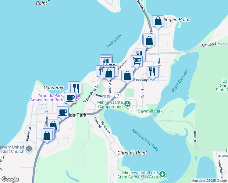 map of restaurants, bars, coffee shops, grocery stores, and more near U.S. 71 in Arnolds Park