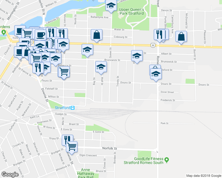 map of restaurants, bars, coffee shops, grocery stores, and more near 299 Queen Street in Stratford