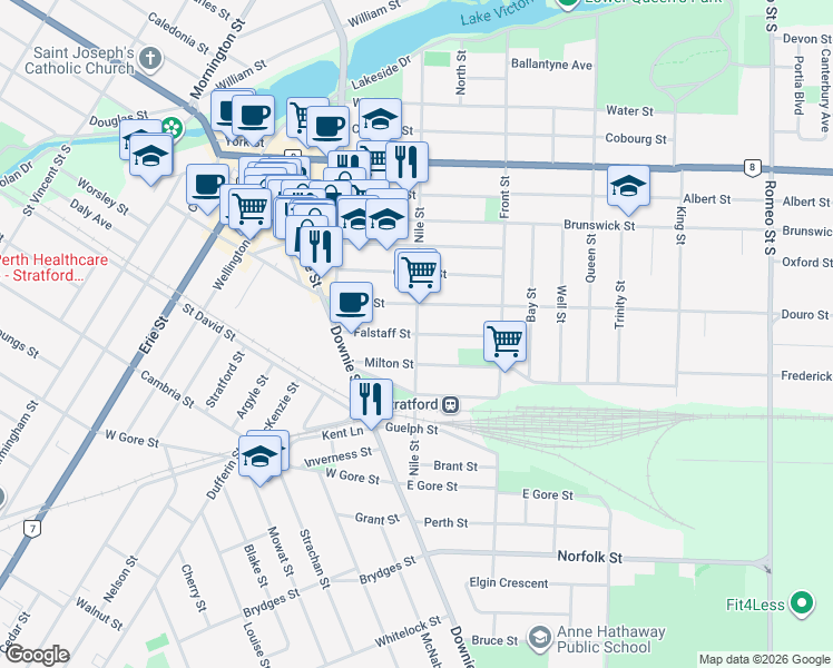 map of restaurants, bars, coffee shops, grocery stores, and more near Falstaff Street in Stratford