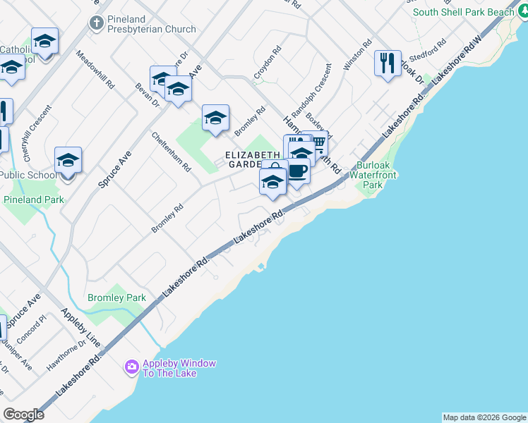 map of restaurants, bars, coffee shops, grocery stores, and more near 5291 Lakeshore Road in Burlington