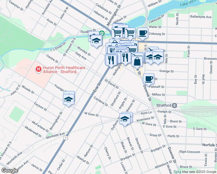 map of restaurants, bars, coffee shops, grocery stores, and more near 187 Wellington Street in Stratford