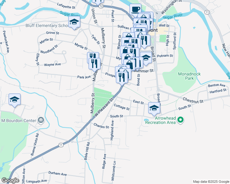 map of restaurants, bars, coffee shops, grocery stores, and more near 169 Pleasant Street in Claremont