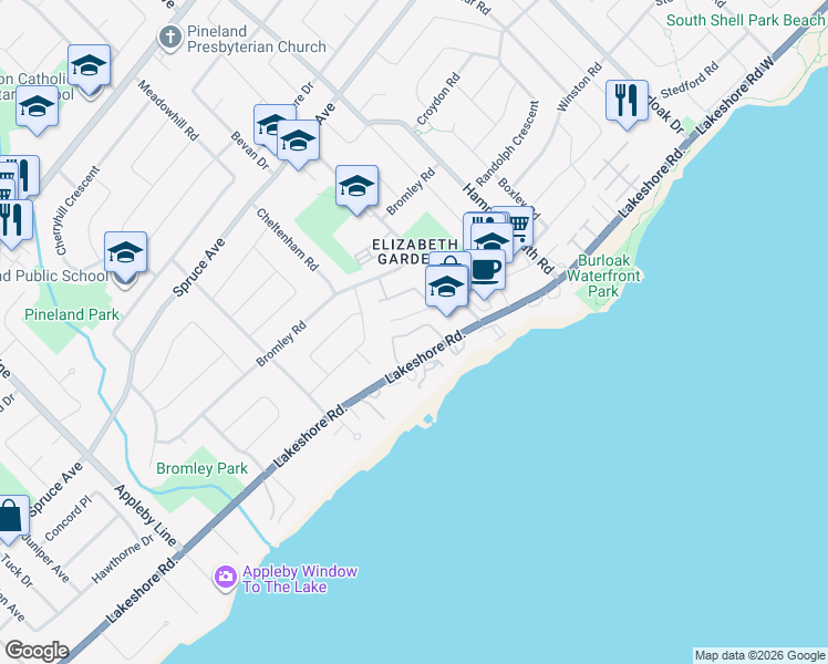 map of restaurants, bars, coffee shops, grocery stores, and more near 5165 Banting Court in Burlington