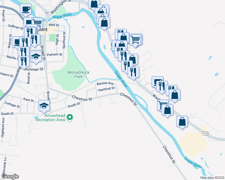 map of restaurants, bars, coffee shops, grocery stores, and more near 24 Hartford Street in Claremont