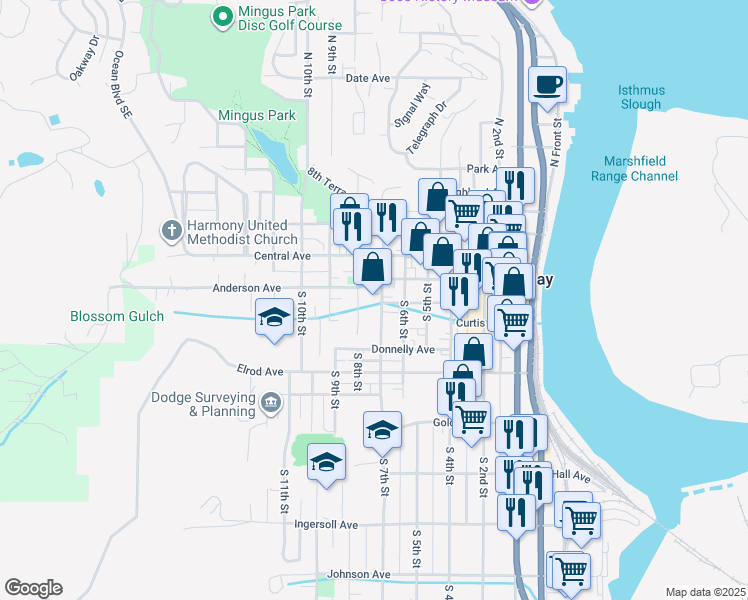 map of restaurants, bars, coffee shops, grocery stores, and more near 237 South 7th Street in Coos Bay