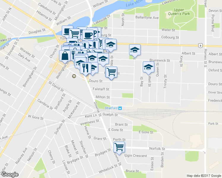 map of restaurants, bars, coffee shops, grocery stores, and more near 173 Nile Street in Stratford