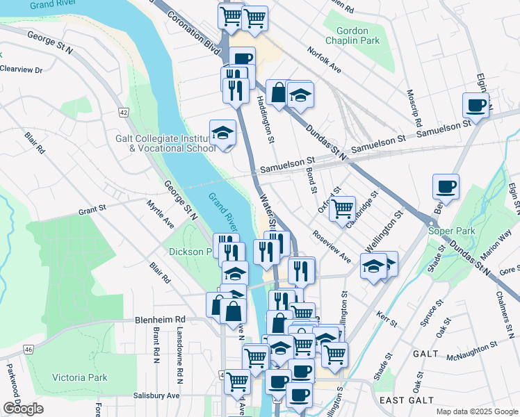 map of restaurants, bars, coffee shops, grocery stores, and more near 170 Water Street North in Cambridge