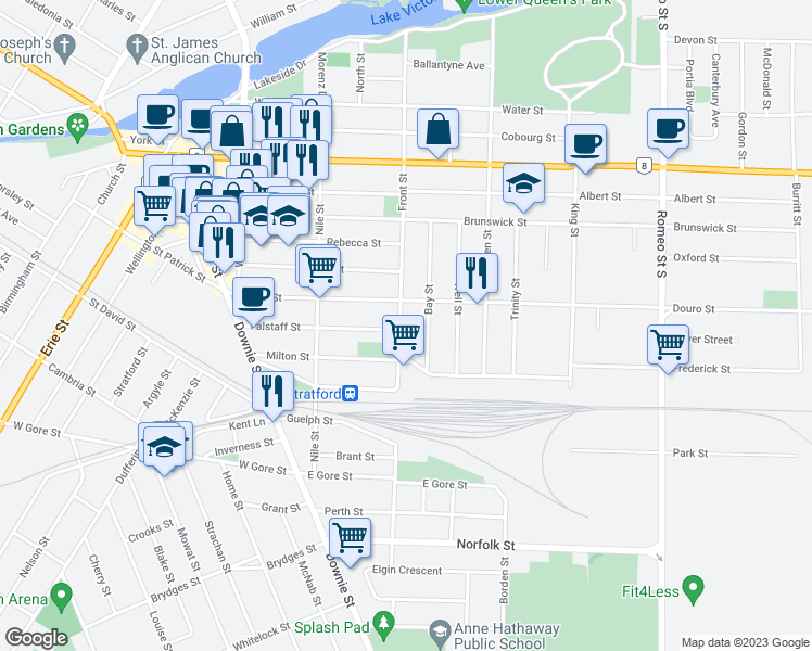 map of restaurants, bars, coffee shops, grocery stores, and more near 271 Front Street in Stratford