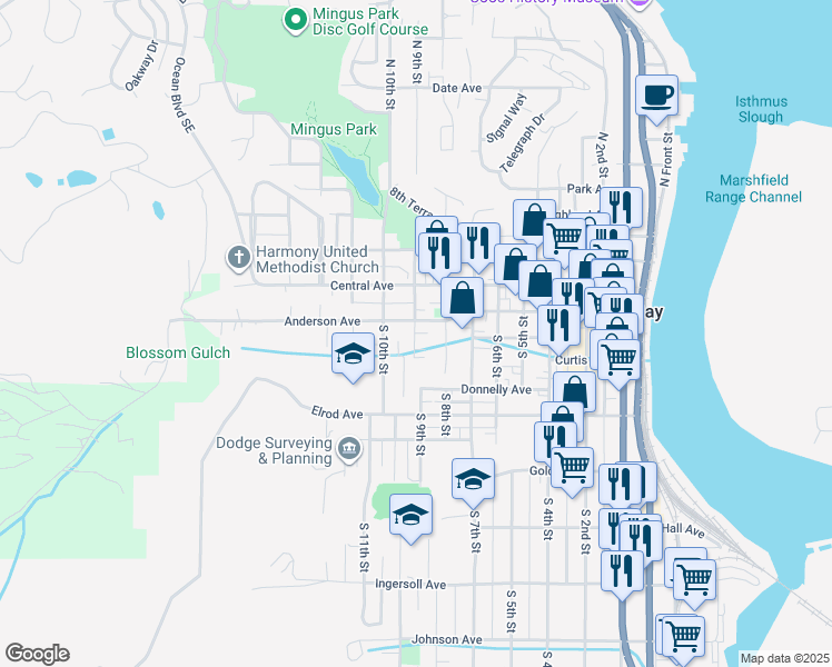 map of restaurants, bars, coffee shops, grocery stores, and more near 260 South 9th Street in Coos Bay