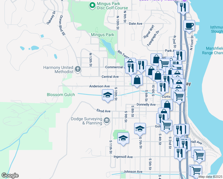 map of restaurants, bars, coffee shops, grocery stores, and more near 230 South 10th Street in Coos Bay