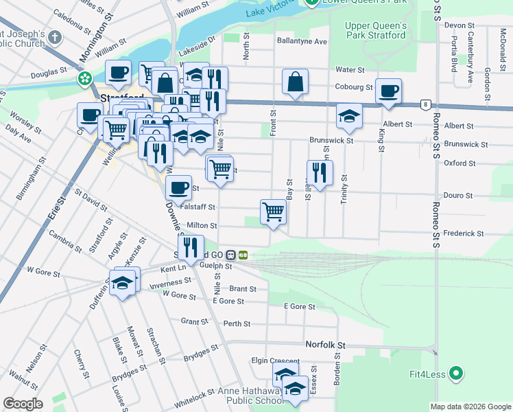 map of restaurants, bars, coffee shops, grocery stores, and more near 136 Falstaff Street in Stratford