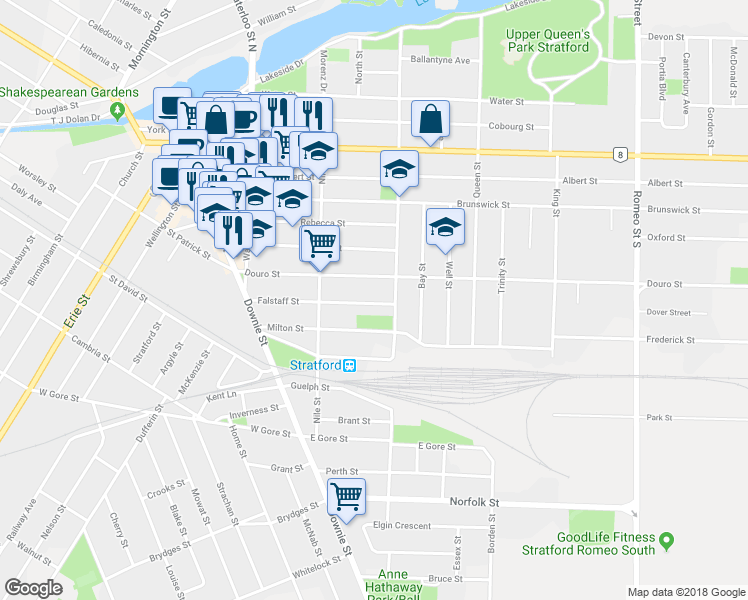 map of restaurants, bars, coffee shops, grocery stores, and more near 136 Falstaff Street in Stratford