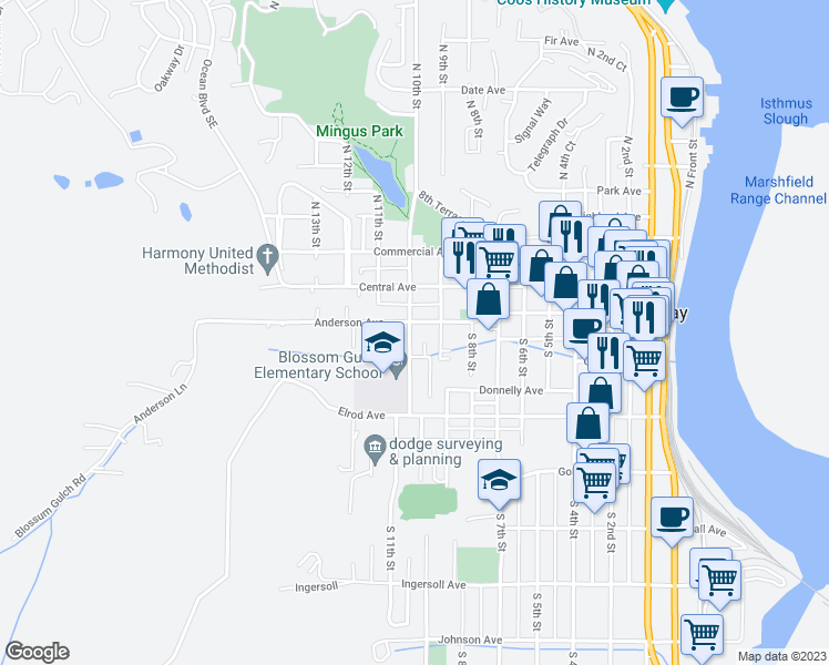 map of restaurants, bars, coffee shops, grocery stores, and more near 230 South 10th Street in Coos Bay