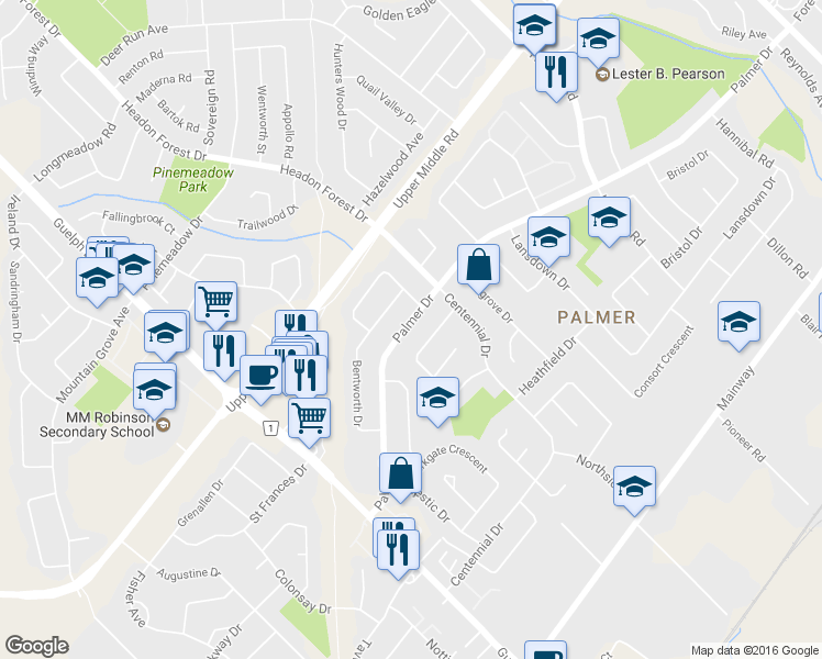 map of restaurants, bars, coffee shops, grocery stores, and more near 3158 Palmer Drive in Burlington