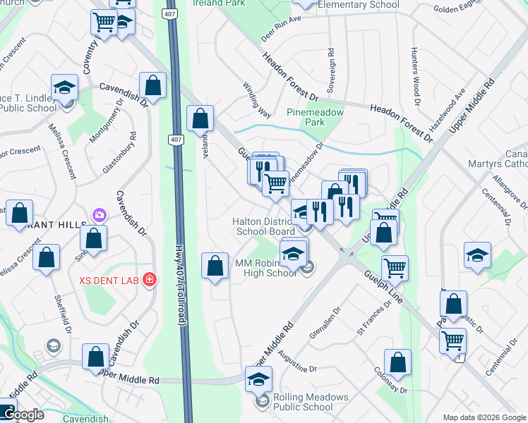 map of restaurants, bars, coffee shops, grocery stores, and more near 2116 Ireland Drive in Burlington