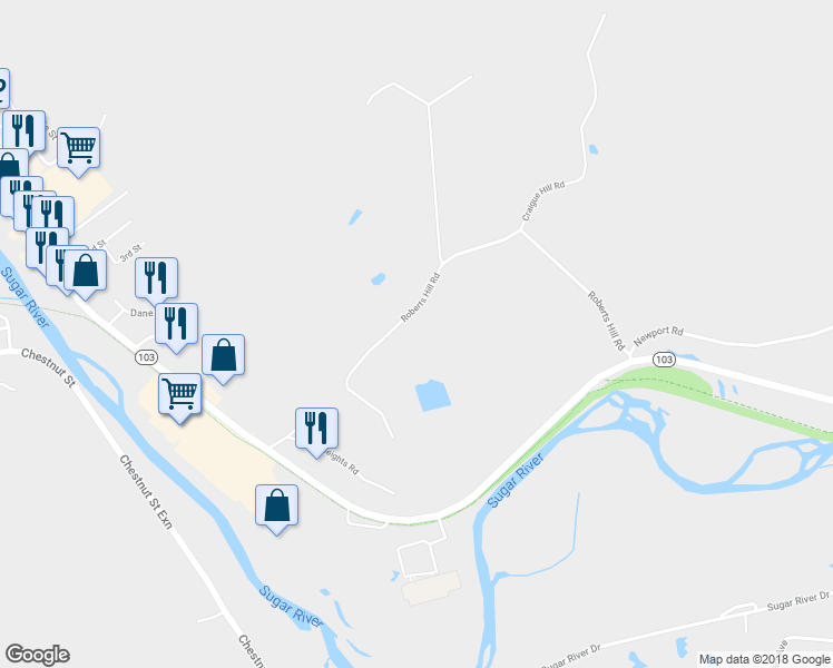 map of restaurants, bars, coffee shops, grocery stores, and more near 136 Roberts Hill Road in Claremont