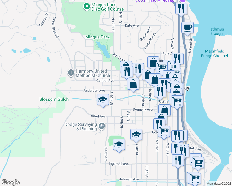 map of restaurants, bars, coffee shops, grocery stores, and more near 941 Anderson Avenue in Coos Bay