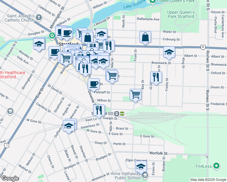 map of restaurants, bars, coffee shops, grocery stores, and more near 96 Falstaff Street in Stratford