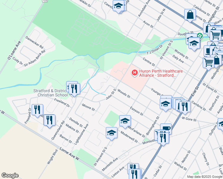 map of restaurants, bars, coffee shops, grocery stores, and more near 171 John Street South in Stratford