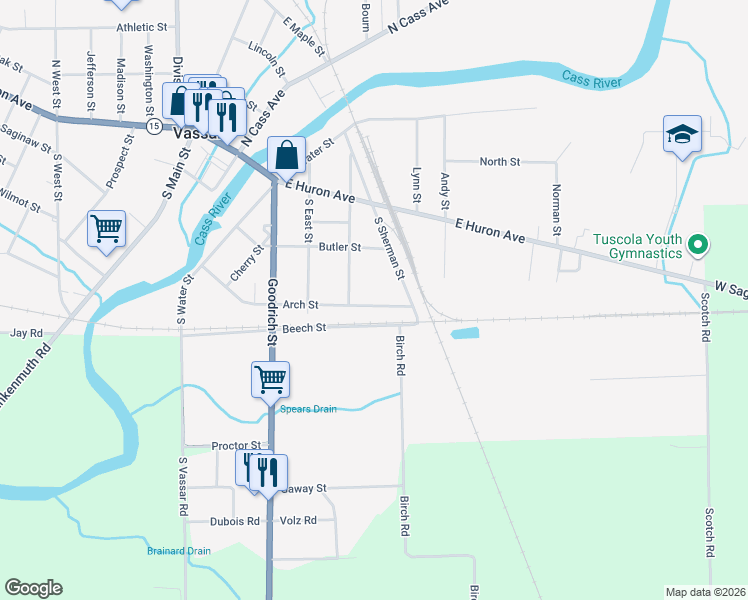 map of restaurants, bars, coffee shops, grocery stores, and more near 543 Arch Street in Vassar