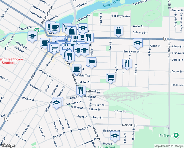 map of restaurants, bars, coffee shops, grocery stores, and more near 171 Nile Street in Stratford