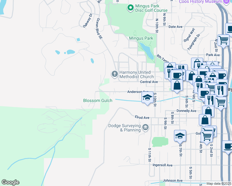 map of restaurants, bars, coffee shops, grocery stores, and more near 1421 Anderson Avenue in Coos Bay