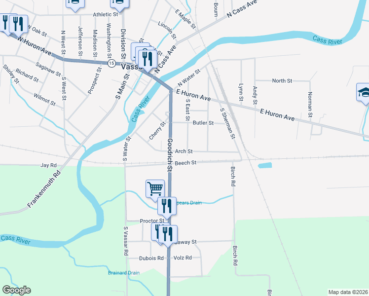map of restaurants, bars, coffee shops, grocery stores, and more near 412 Arch Street in Vassar