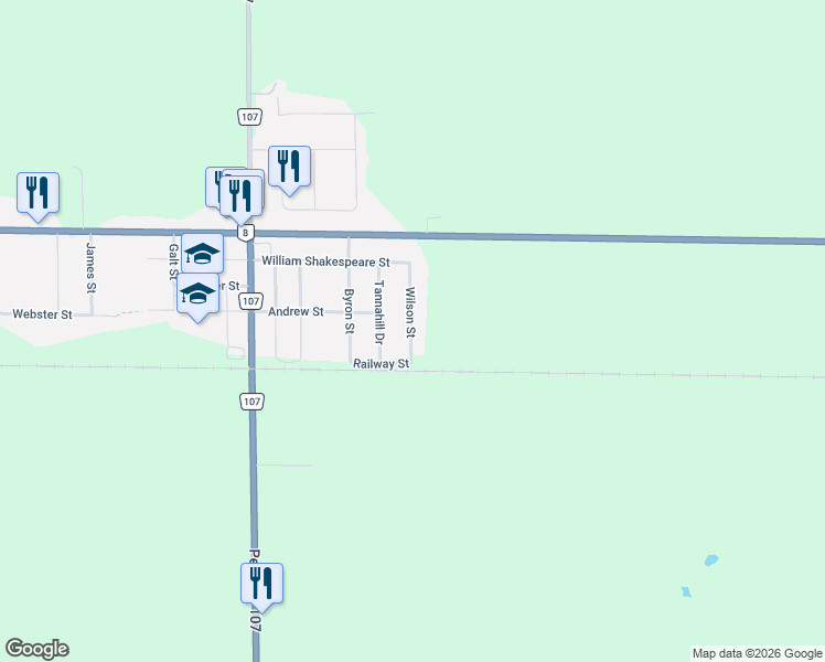 map of restaurants, bars, coffee shops, grocery stores, and more near 3966 Wilson Street in Perth County