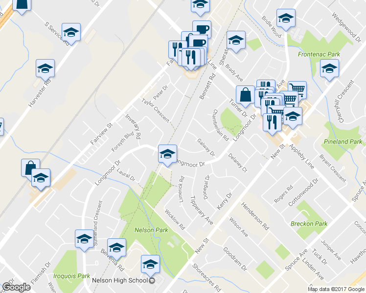 map of restaurants, bars, coffee shops, grocery stores, and more near 4351 Dublin Crescent in Burlington