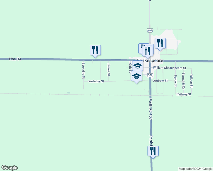 map of restaurants, bars, coffee shops, grocery stores, and more near 2253 Webster Street in Shakespeare
