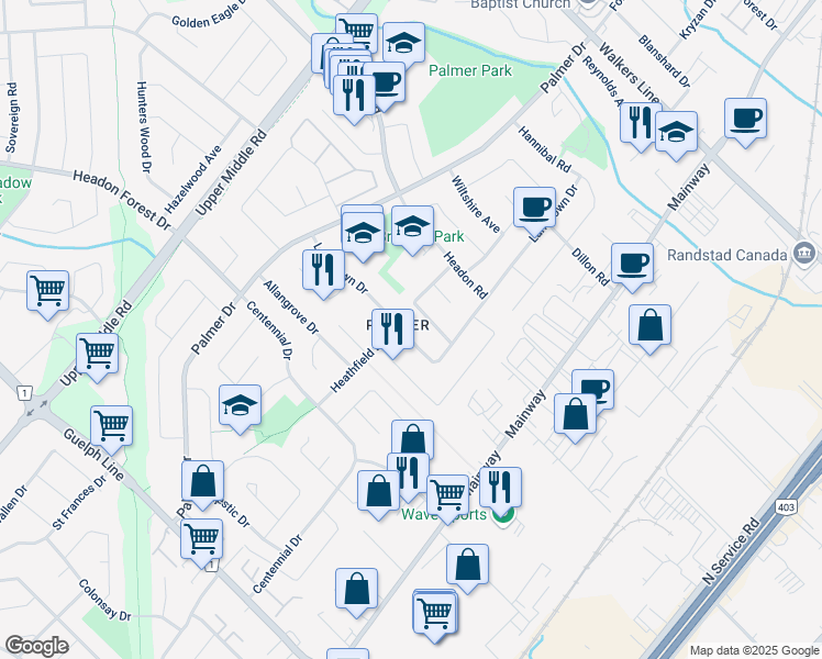 map of restaurants, bars, coffee shops, grocery stores, and more near 3237 Lansdown Drive in Burlington
