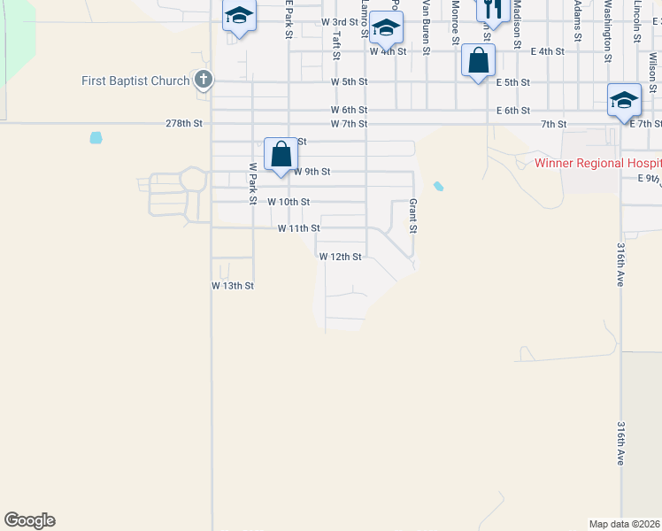 map of restaurants, bars, coffee shops, grocery stores, and more near 1200-1336 Sunset Avenue in Winner