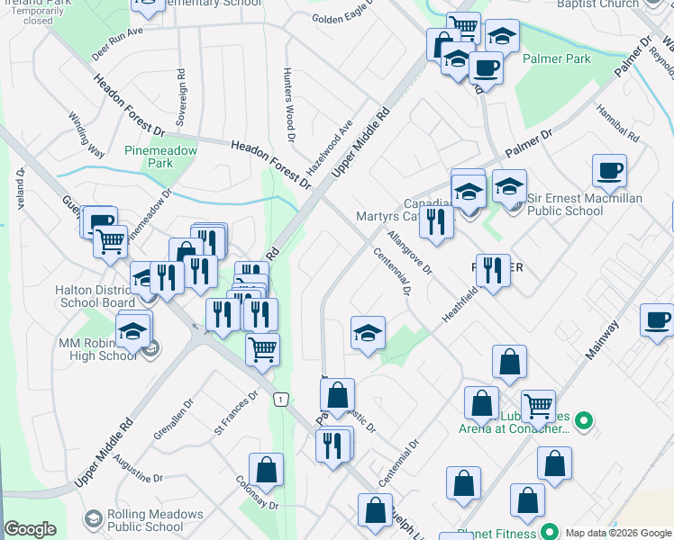 map of restaurants, bars, coffee shops, grocery stores, and more near 3157 Palmer Drive in Burlington