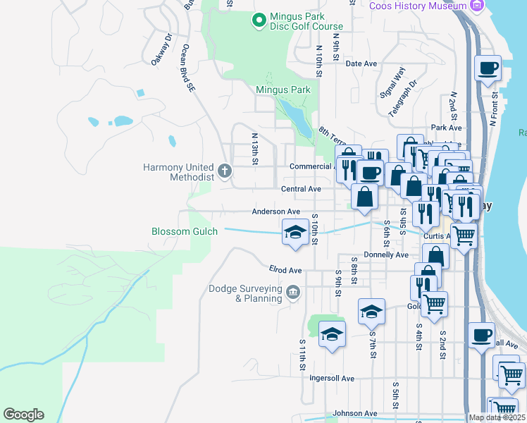 map of restaurants, bars, coffee shops, grocery stores, and more near 1255 Anderson Avenue in Coos Bay