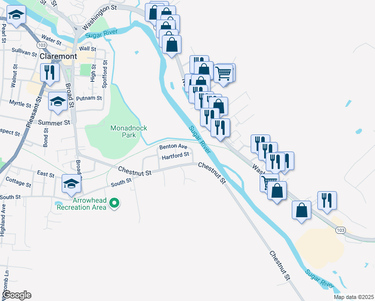 map of restaurants, bars, coffee shops, grocery stores, and more near 24 Hartford Street in Claremont