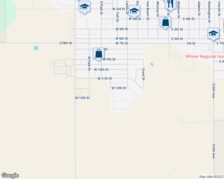 map of restaurants, bars, coffee shops, grocery stores, and more near 1201 Sunset Avenue in Winner