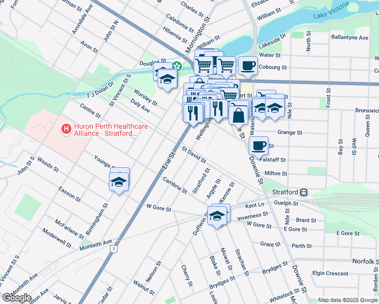 map of restaurants, bars, coffee shops, grocery stores, and more near Wellington Street in Stratford