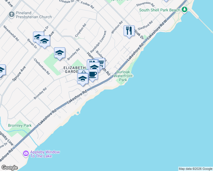 map of restaurants, bars, coffee shops, grocery stores, and more near 5340 Lakeshore Road in Burlington