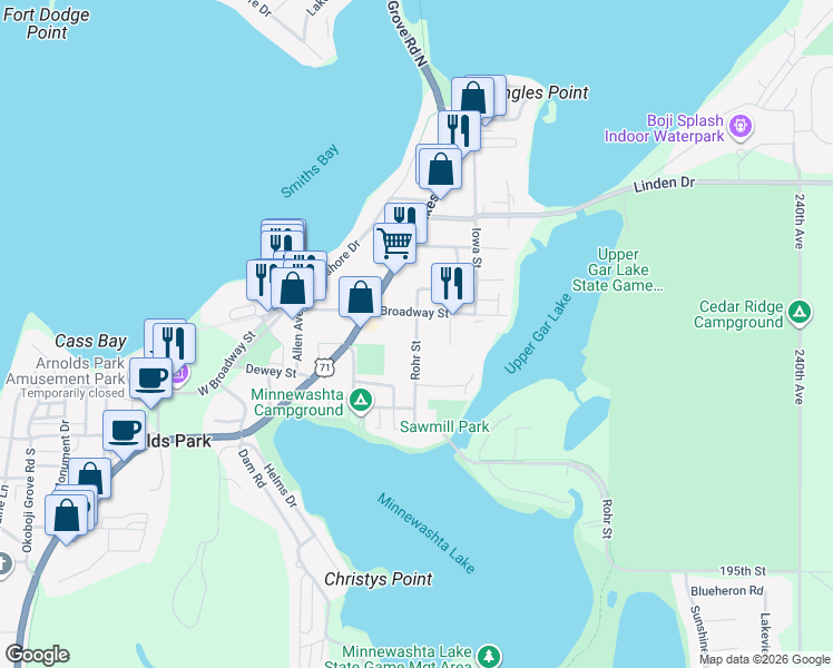 map of restaurants, bars, coffee shops, grocery stores, and more near 199 Rohr St in Arnolds Park