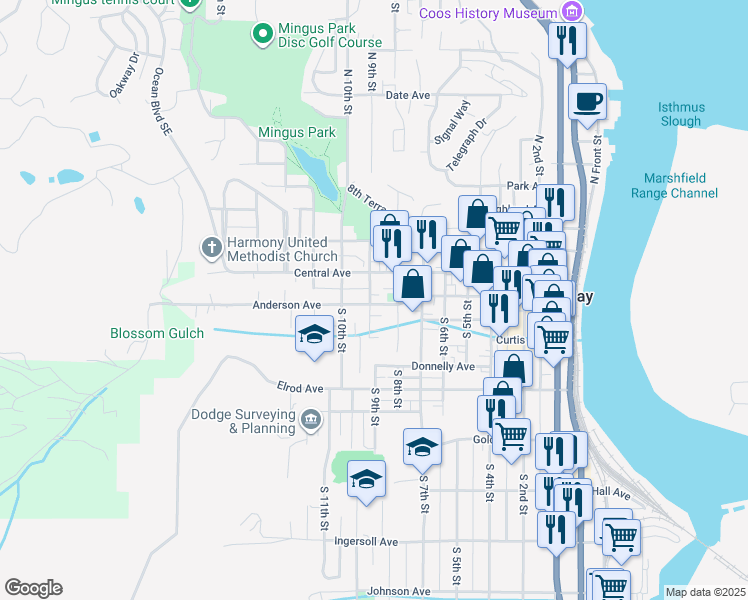 map of restaurants, bars, coffee shops, grocery stores, and more near 260 South 9th Street in Coos Bay