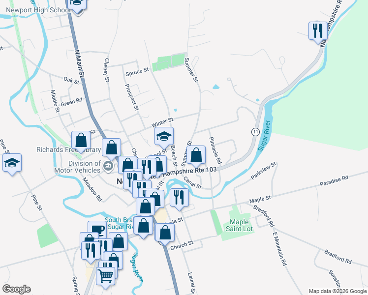 map of restaurants, bars, coffee shops, grocery stores, and more near 21 Beech Street in Newport