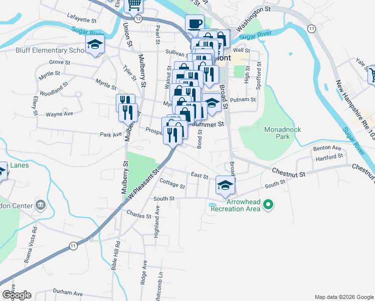map of restaurants, bars, coffee shops, grocery stores, and more near 18 East Street in Claremont