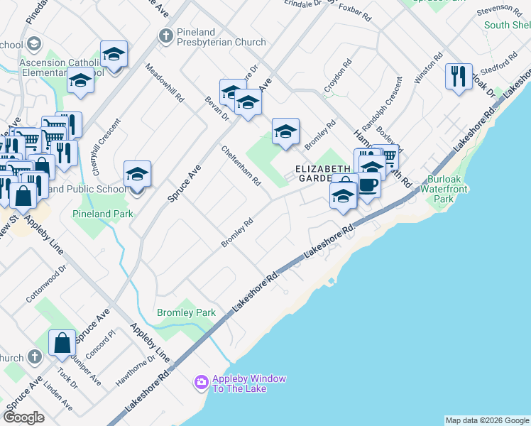 map of restaurants, bars, coffee shops, grocery stores, and more near 5238 Broughton Crescent in Burlington