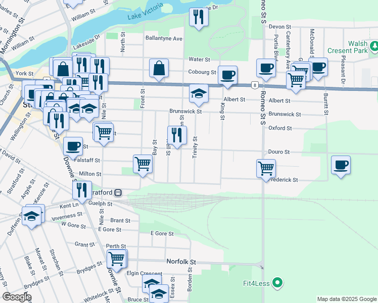 map of restaurants, bars, coffee shops, grocery stores, and more near 299 Queen Street in Stratford