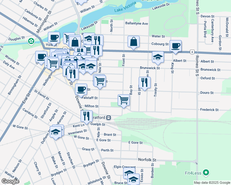 map of restaurants, bars, coffee shops, grocery stores, and more near 141 Douro Street in Stratford