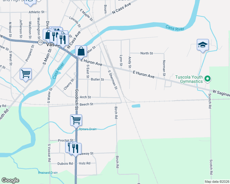 map of restaurants, bars, coffee shops, grocery stores, and more near 543 Arch Street in Vassar