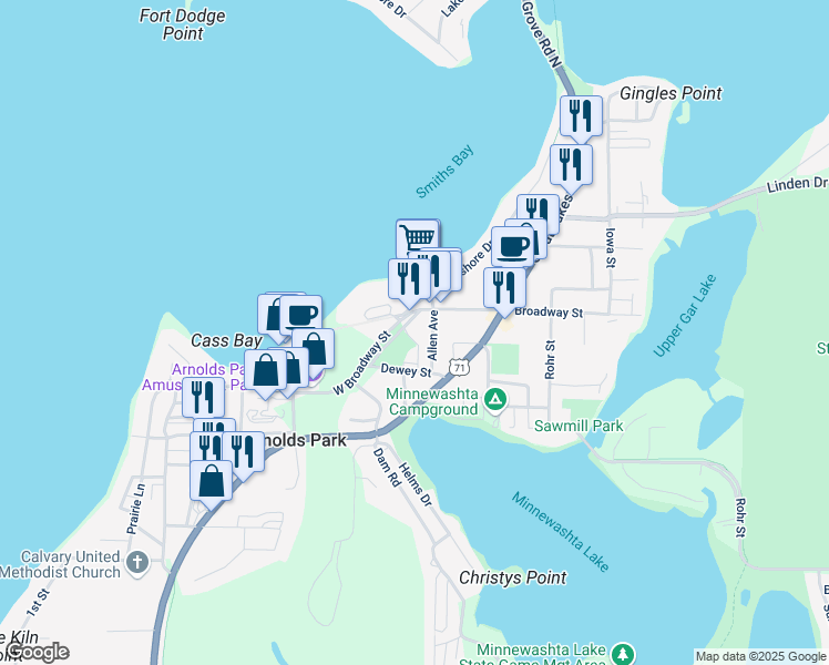 map of restaurants, bars, coffee shops, grocery stores, and more near 33-99 Allen Ave in Arnolds Park