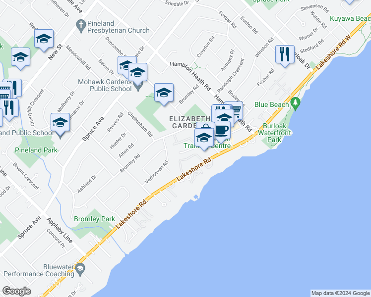 map of restaurants, bars, coffee shops, grocery stores, and more near 5165 Banting Court in Burlington