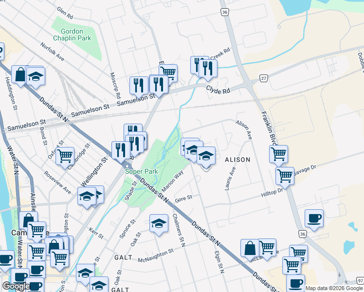 map of restaurants, bars, coffee shops, grocery stores, and more near 154 Elgin Street North in Cambridge